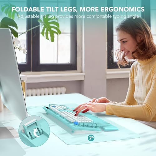 Wireless Keyboard, Round Keycaps, Retro Typewriter Keyboard with Detachable Wrist Rest, Sleep Mode, Foldable Legs, 2.4GHz Full-Size Cordless Computer Keyboard for Windows/PC/Laptop (Tiffany Blue)