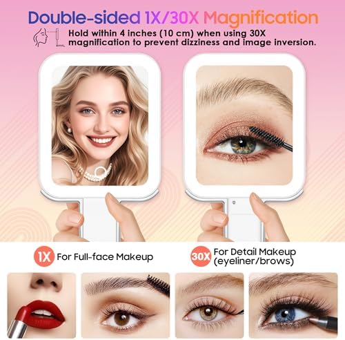 GOMIPURU Magnifying Travel Mirror with Light, 30X/1X Double-Sided Magnifying Mirror with 3 Color Lights, Brightness Adjustable, Foldable Handheld Makeup Mirrors Portable for Travel and Desktop, Sliver