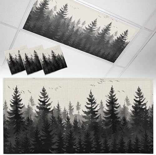Forest Birds Magnetic Fluorescent Light Covers for Ceiling Lights 2 x 4 Feet,Vintage Pine Tree Animal Landscape Beige Office Classroom Kitchen Drop Ceiling Light Covers Filters Shade Panel 3 Packs