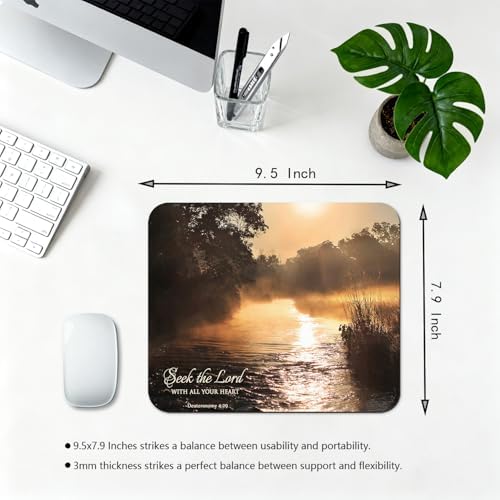 9.5x7.9 Inch Office/Gaming Mouse Pad, Seek The Lord with All Your Heart Christian Bible Verse Scripture Quote, Misty River Landscape at Sunrise Cute Anti-Slip Mat for Desk