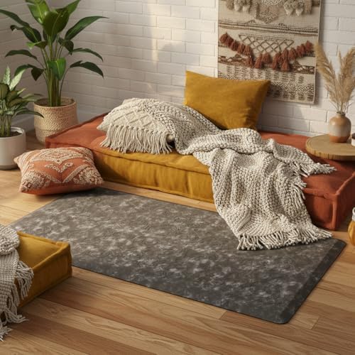 J&V TEXTILES Medallion Embossed Cushioned Anti-Fatigue Kitchen Floor Mat - Thick Non-Slip Waterproof Heavy Duty Foam Standing Rug (Charcoal Gray, 17" X 60")