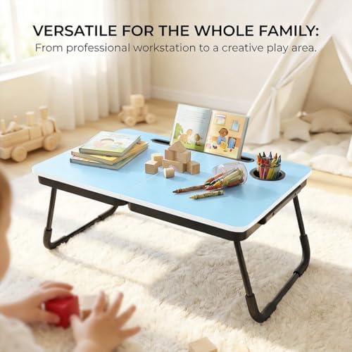 BUYIFY 23.4" Foldable Lap Desk Bed Table with Cup Holder Tray Blue
