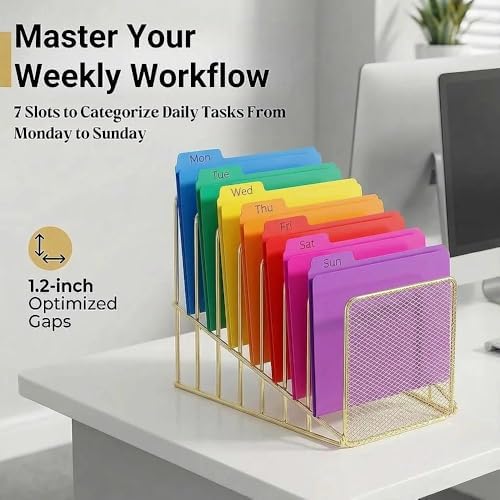 Gold Desk Organizer 7 Slot Inclined Vertical File Folder Holder Sorter with Mesh Front Metal Wire Rack for Mail, Slim Binders, Books Office Organization Desktop Accessories