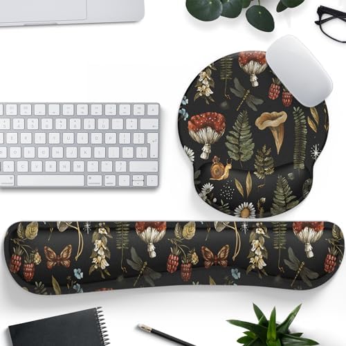 Plant Mushroom Mouse Pad Black Aesthetic Ergonomic Desk Pad Wrist Support Keyboard Wrist Rest Set, Mouse Pad with Non-Slip Pu for Office Comfortable Mouse Wrist Rest for Easy Typing & Pain Relief.