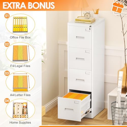 INTERGREAT 4 Drawers File Cabinet with Lock, 18" D Metal White Vertical Filing Cabinet for Hanging Folders, Easy Assemble