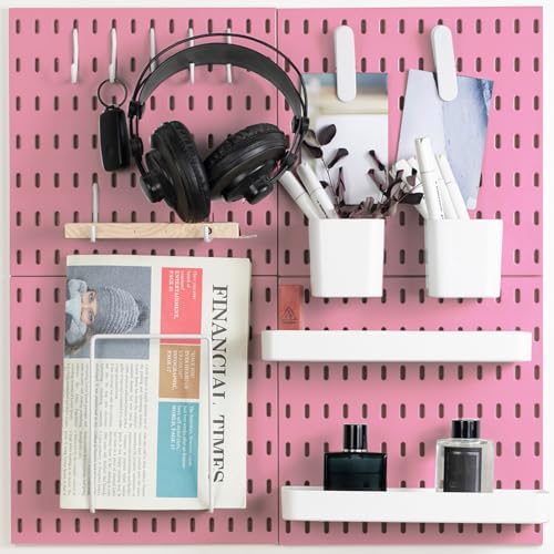 MULSAME Pegboard Combination Kit, Wall Mounted Storage Set with 4 Pegboards & 14 Accessories Hanging, Pink Peg Boards Organizer for Walls Display, Crafts Organization, Kitchen Organizer, 22" x 22"