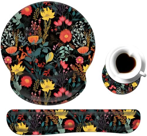 Keyboard Wrist Rest and Mouse Pad Wrist Support Set with Coaster,Ergonomic Mouse Pad,Comfortable for Easy Typing, Pain Relief,Memory Foam Keyboard Pad Set for Laptop Mac,Beautiful Floral