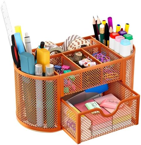 EasyPAG Mesh Pen Holder Desk Organizer with Drawer Stationery Supplies Organizer for Dorm School 9 Compartments Workspace Desk Accessories Organization for Office, Orange