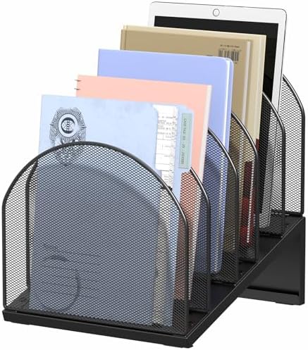 5-Section Desk File Organizer Metal Mesh Folder Organizer, Black