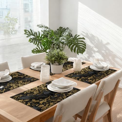 Damascus Raven Gold Linen Placemats, Black Baroque Pattern Table Mats for Table Washable Heat Insulation Thick Dining Mat, Indoor/Outdoor 12X18 in 8 Pcs