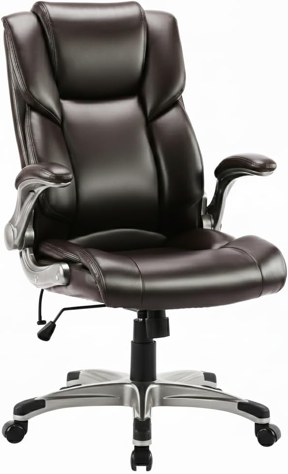 Ergonomic High Back Executive Office Chair with Adjustable Airbag Lumbar Support, Bonded Leather Desk Chair with Flip-up Armrests, Swivel Computer Task Chair for Home Office Workstation, Brown