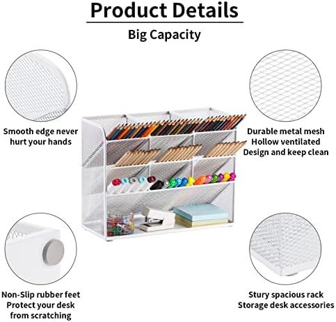 Marbrasse Mesh Desk Organizer, Multi-Functional Pen Holder, Pen Organizer for desk, Desktop Stationary Organizer, Storage Rack for School Home Office Art Supplies (White - Mesh Pen Holder)