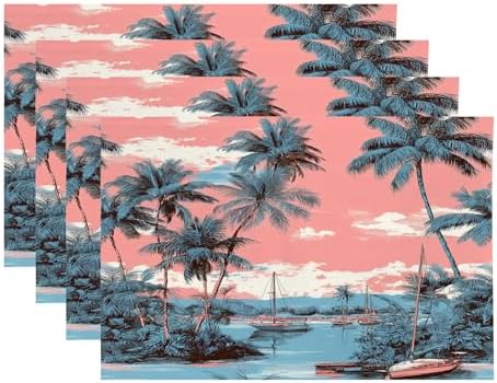 Beach Vacation Seaside Relaxation Linen Placemats, Palm Lined Shore Nautical Charm Table Mats for Table Washable Heat Insulation Thick Dining Mat, Indoor/Outdoor 12X18 in 4 Pcs