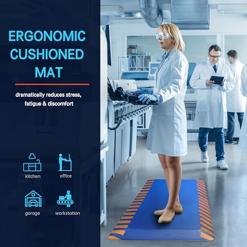 FEATOL Anti Fatigue Mat Industrial, Ergonomic Standing Floor Mat for Work for Stand -Safety Support for Leg & Back Pain(Blue with Yellow Border, 20" x 59", 1PC)