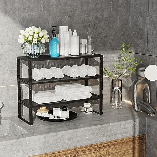 Jojocross Expandable Adjustable Stackable Kitchen Organizer, Spice Rack,Metal Pantry Storage Shelves Racks,Counter Shelf for Cabinets, Countertop, Cupboard (3 Packs/Medium/Black)