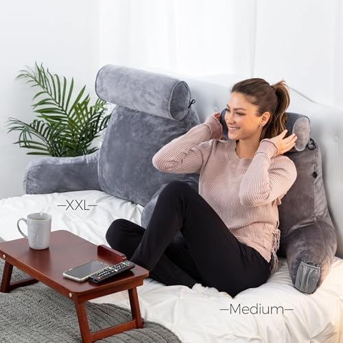 Husband Pillow XXL The Original for Adults - 30" Tall Backrest for Sitting Up in Bed - Firm Support Reading & Bed Rest Pillows for Adults, Neck Roll, Removable Cover - TV - Dark Grey