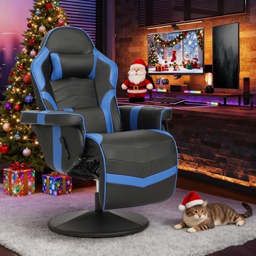 Massage Gaming Recliner Chair with Cup Holder & Side Pockets – Ergonomic PU Leather Video Gaming Chair with Footrest, Manual Recline, Headrest & Lumbar Support for Office or Game Room (Blue)