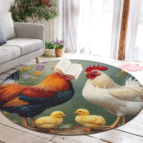 Highly Premium Quality Floor Mat, Office Chair Decor Mat, Room Sofa Yoga Soft Round Carpet Chicken Rooster Garden Sunflowers Painting, 36inch