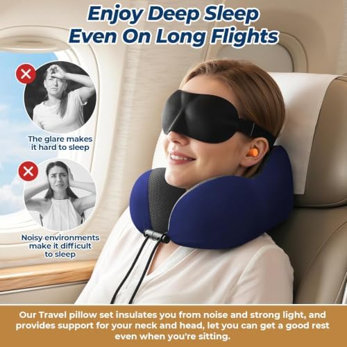 ExploreBliss Travel Pillow, Memory Foam Neck Pillow Airplane, Blue