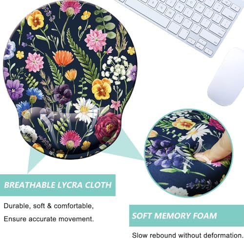 Mouse Pad with Wrist Support, Ergonomic Mouse Pad with Memory Foam Wrist Rest Cushion, Non-Slip Rubber Base Gaming Mice Pad for Home Office Computer Laptop, Multi Flowers