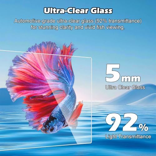 Smart Aquarium 5 Gallon Glass Fish Tank with Silent Water Pump, Self Cleaning System Efficiency Filter 7-Color LED Lights Automatic Feeder Temperature Display HD Glass, Smart Control with App, Black