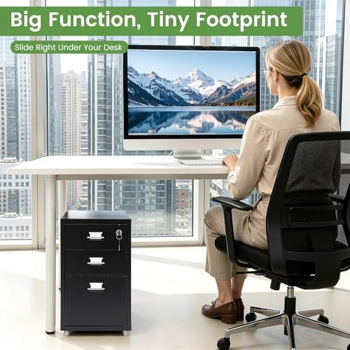 3 Drawer File Cabinet with Lock, Freestanding Filing Metal Drawers Organizer Vertical Metal Rolling Organizer Movable Under Desk Cabinet with Wheels for Home Office Living Room Study (3 Tiers Black)