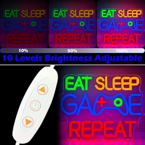 Eat Sleep Game Repeat Neon Sign Gaming LED Sign for Boys Room USB Powered Light Up Gamer Sign Decor for Man Cave Bar Bedroom Gaming Room Neon Wall Art for Men Gifts for Boys