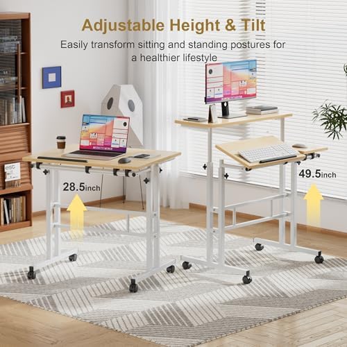 VECELO Mobile Small Standing Desk Adjustable Height, Computer Workstations with Tiltable Tabletop, Lockable Wheels, Portable Rolling Laptop Desk for Home Office, Oak