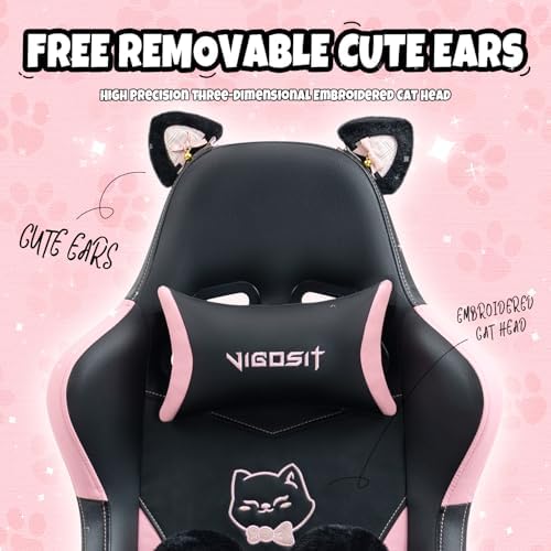 Gaming Chair, Cute Cat Gaming Chairs with Paw Lumbar Cushion for Girls, Video Gamer Chair with Footrest for Girl Teen Woman (Blackpink-A)