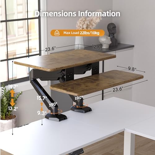 Claiks 24-Inch Sit-Stand Workstation，Innovative Space-Saving Height-Adjustable Ergonomic Desk Converter with Wide Keyboard Tray，Dual Fixation and Flexible Rotation Function, Rustic Brown