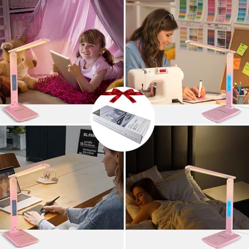 Desk Lamp with Wireless Charger，USB Charging Port, Dimmable Office Desk Light with Clock, Alarm, Date, Temperature, Foldable Lamp for Table Bedroom Bedside Office (Pink, Standard Size-13.3 inch)