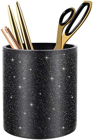 Pen Holder for Desk,Stand for Office Luxury Glitter Pencil Cup for Women Men Leather Organizer for Adult Teen, Black