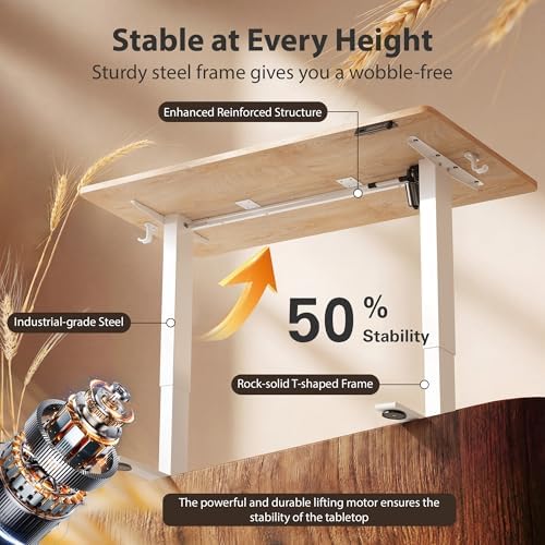 Cubiker Standing Desk, 63x28 Inches Sit Stand Home Office Desk, Electric Stand up Desk, Adjustable Desk with Splice Board, White Frame/Maple Top