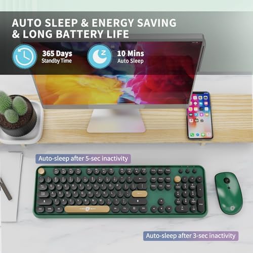 FD Wireless Keyboard and Mouse | Cute Colorful Keyboard and Mouse with 2.4GHz Cordless Retro Typewriter Keyboard | Auto-Sleep | USB Receiver for Windows PC/Laptop - Green Colorful