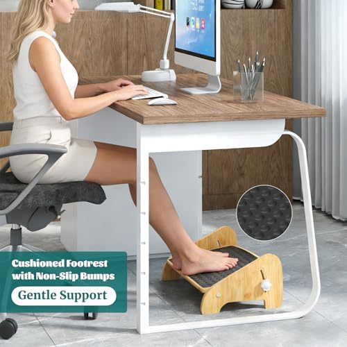 Under Desk Footrest, Foot Rest Under Desk with Side Rotating Button, 4 Adjustable Heights Wooden Office Footrest, Large Anti-Slip Surface, Wide Seat with Soft Bumps, Fit for Office, Living Room