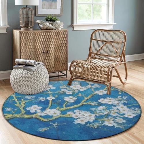 Home Decor Non Slip Kitchen Office Circle Rug, Machine Washable Modern Round Area Rug, Room Sofa Yoga Soft Round Carpet Beautiful Apricot Flower Blossom Art, 24inch