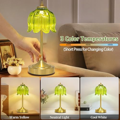 Cordless Table Lamp, Rechargeable Green Glass Lotus Flower Lamp