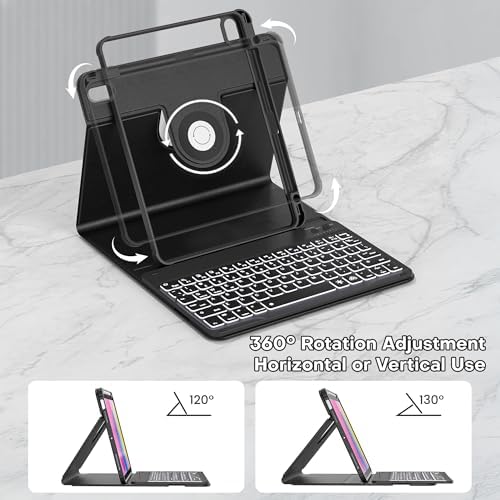 YBING for iPad A16 Case with Keyboard 11th &10th Generation, 360 Rotation Magnetic Cover with 7-Color Backlit Wireless Detachable Keypad with Pencil Holder for iPad 11th 2025/10 Gen 10.9" 2022 (Black)