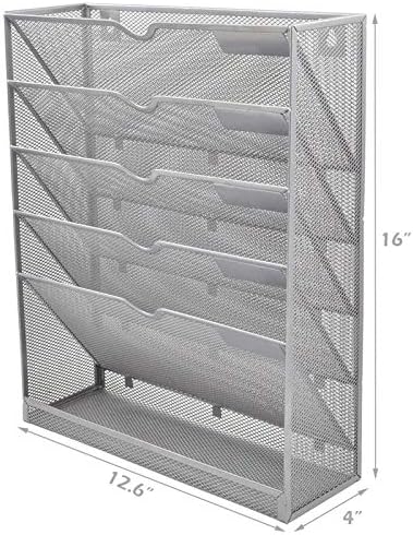 EASEPRES Mesh Wall File Organizer 6 Tier Vertical Mount Hanging Holder Magazine Rack with Bottom Flat Tray, Sides Closed, Silver