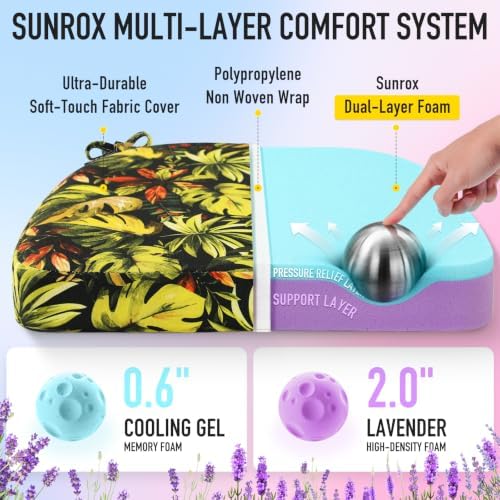 SUNROX Cooling Gel Memory Foam Chair Cushions, 2.6" Thick U-Shaped Dual-Layer Comfort Dining Chair Pads, Non Slip Seat Cushion with Ties for Indoor Kitchen Office 17"x16" Set of 4, Black Monstera