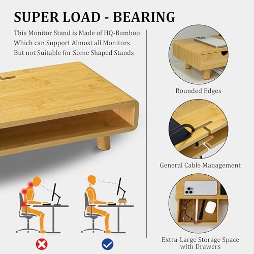 Homerays Monitor Stand with Drawer, Exquisite Computer Monitor Stand for Desk, Ergonomic Wood Monitor Stand Riser for Computer,Laptop,Printer,TV,Upgrade Bamboo