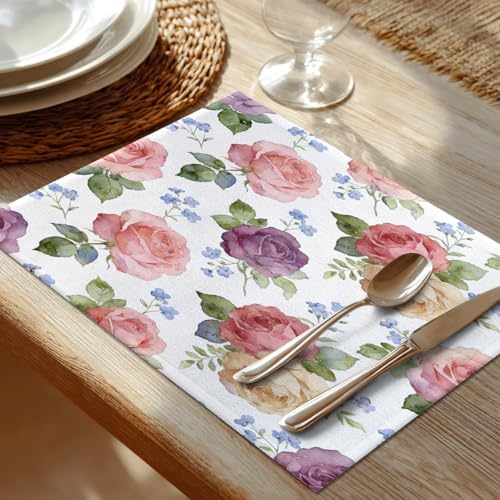 Shrahala Pink Plant Floral Set of 8 12 X 18 Inch Linen Placemats, Blue Abstract Roses Burlap Table Mat Washable Double Layered Heat Insulation for Indoor/Outdoor