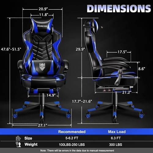 Vonesse Gaming Chair, Big and Tall Gaming Chair with Footrest and Massage, Gaming Chairs for Adults with Lumbar Support, Ergonomic High Back Computer Chair with Pocket Spring Cushion (Black/Blue)