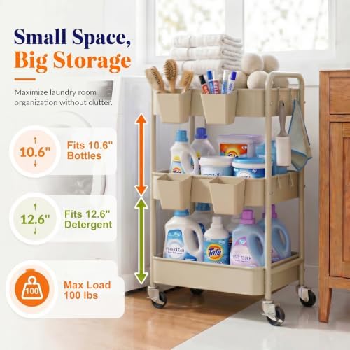 Beige 3 Tier Rolling Storage Cart Metal on Wheels, Cream Diaper Caddy Carts