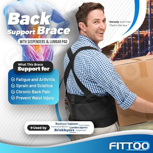 FITTOO Back Brace with Removable Suspenders & Lumbar Pad for Back Pain Relief, Heavy Lifting Support, Moving and Warehouse Jobs, Lower Back Pain Protection Belt for Men & Women in Construction