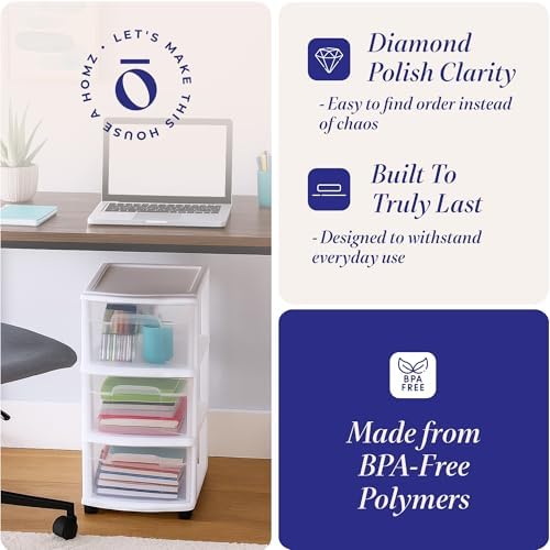 HOMZ Drawer Tower, 3-Tier Storage Cart with Removable Wheels, White Frame