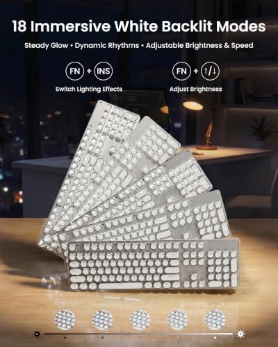 Wireless Typewriter Style Mechanical Keyboard with White Backlit, White