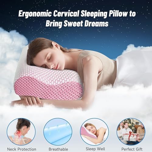 Neck Pillow for Sleeping, Ergonomic Cervical Bed Pillow, Pink Queen Size