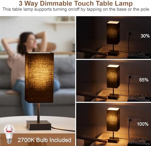 Bedside Table Lamp for Bedroom with 2 USB Ports, 14-Inch, Black