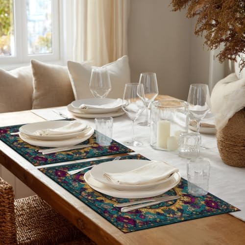 Shrahala Exotic Rich Color Placemats, Ornate Details Swirling Forms Table Mat Linen Burlap Washable Double-Deck Heat Insulation for Dining/Kitchen Table Set of 6 (12 X 18 Inch)
